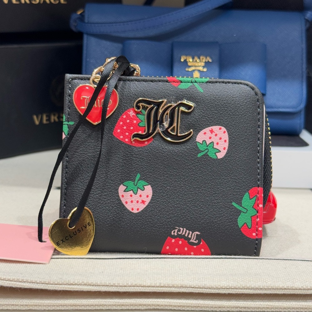 Juicy Couture Sweet Juicy L-Zip Card Case Liquorice Black & Strawberry Multi NWT